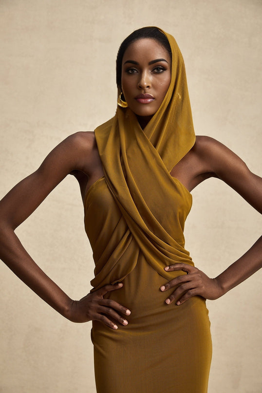Rachel Olive Green Maxi Dress with Crossover Neck and Backless Design
