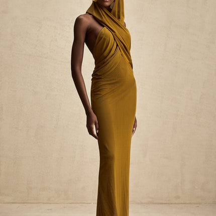 Rachel Olive Green Maxi Dress with Crossover Neck and Backless Design