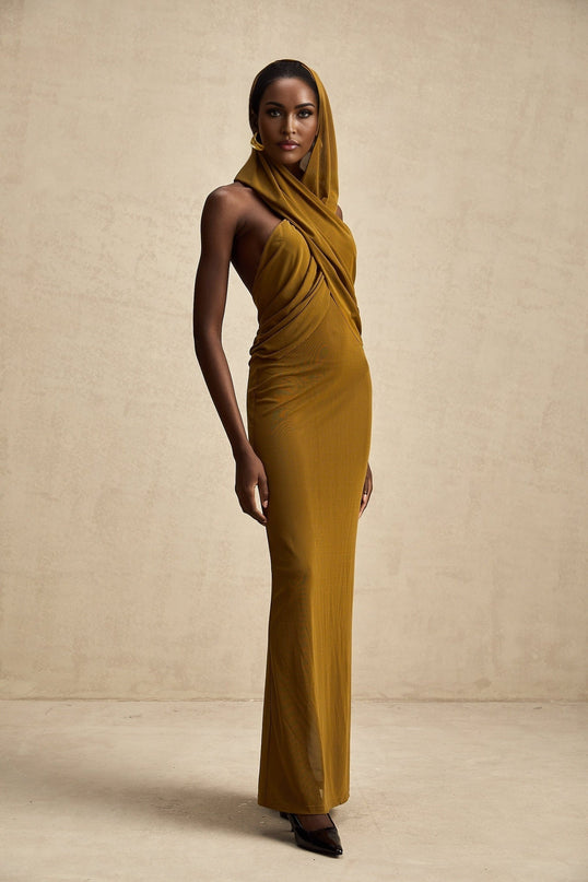 Rachel Olive Green Maxi Dress with Crossover Neck and Backless Design