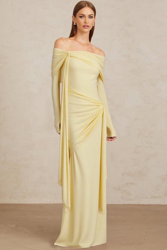 Rachel Yellow Off-the-Shoulder Gown with Front Tie Detail and Long Sleeves