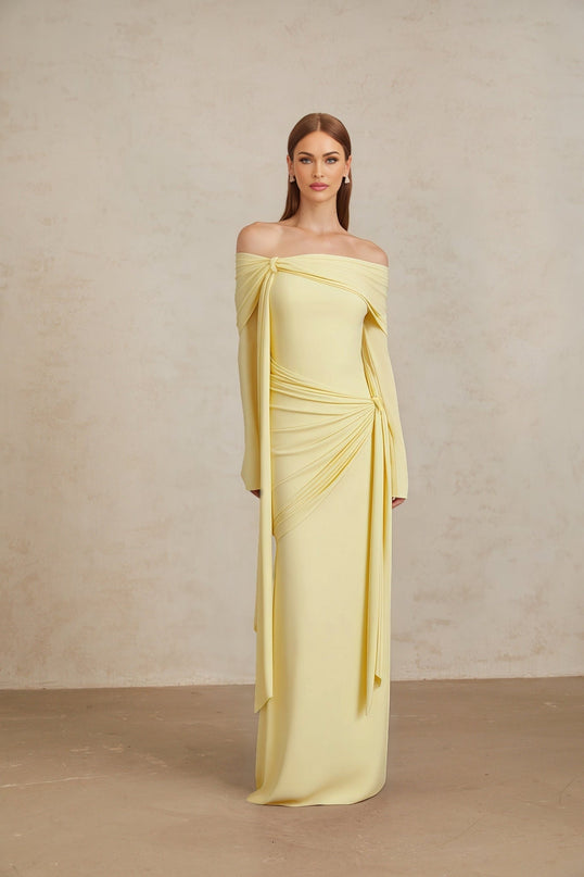 Rachel Yellow Gown Off-the-Shoulder Long Sleeves Front Tie Detail Pleats Ruched Embellishments Drape Detailing Luxury Blend Contemporary Glamour