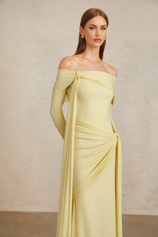 Rachel Yellow Off-the-Shoulder Gown with Front Tie Detail and Delicate Ruched Embellishments
