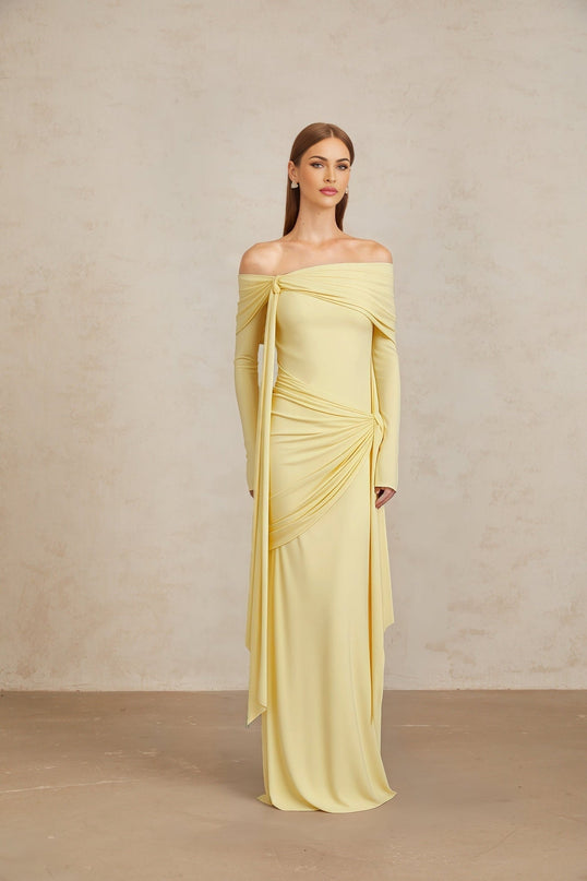 Rachel Yellow Off-Shoulder Gown with Front Tie Detail and Pleats