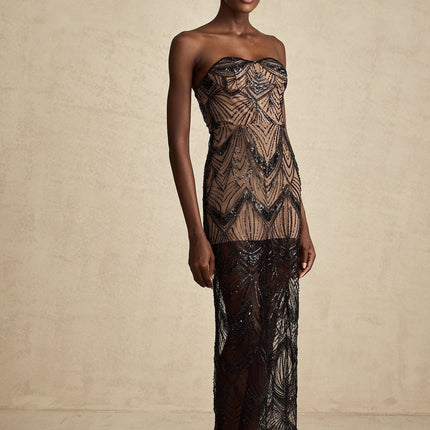 Raegan Black Maxi Dress with Sequins Beads Mesh Overlay Boned Bodice and Scallop Hem in 100% Terylene for Special Occasions and Events