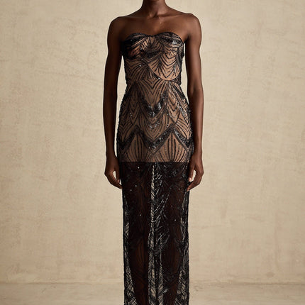 Raegan Black Maxi Dress with Sequins Beads Mesh Detailing Boned Bodice Scallop Hem Ankle-Length Semi-Sheer Rear Zip Fastening Modelled by 5'10 Beauty Size M 100% Terylene
