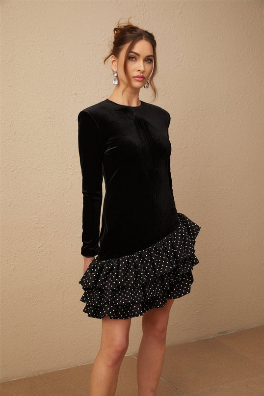 Raegan Black Velvet Polka Dot Mini Dress
