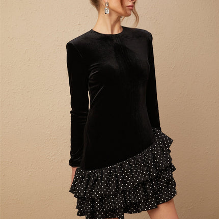 Raegan Black Velvet Polka Dot Mini Dress