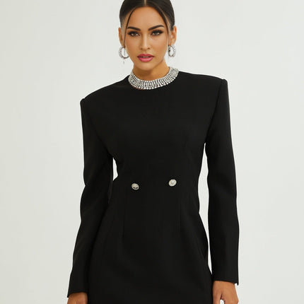 Raegan Black Wool Mini Dress with Buckle Detailing and Shoulder Pad Elegance