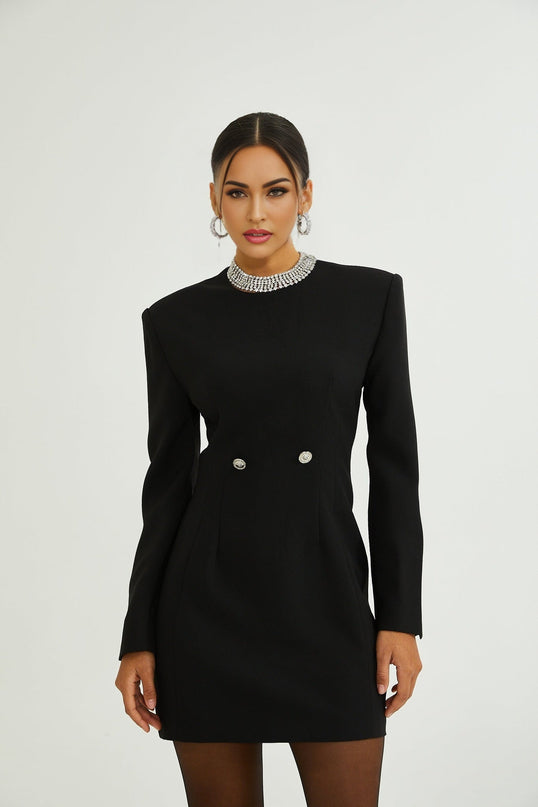 Raegan Black Wool Mini Dress with Buckle Detailing and Shoulder Pad Elegance