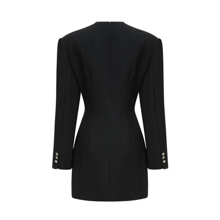 Raegan Black Wool Mini Dress with Shoulder Pad Elegance and Buckle Detailing