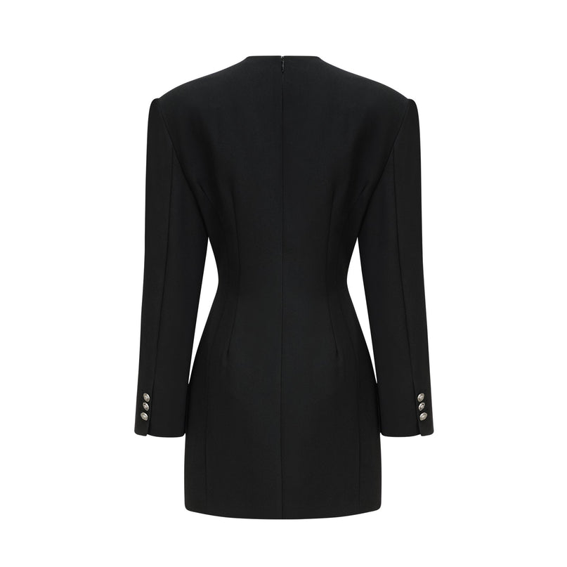 Raegan Black Wool Mini Dress with Shoulder Pad Elegance and Buckle Detailing
