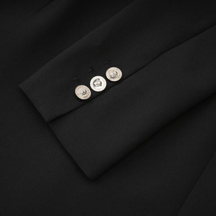 Raegan Black Wool Mini Dress with Shoulder Pad Elegance and Buckle Detailing