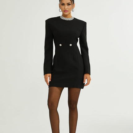 Raegan Black Wool Mini Dress with Shoulder Pad Elegance and Buckle Detailing
