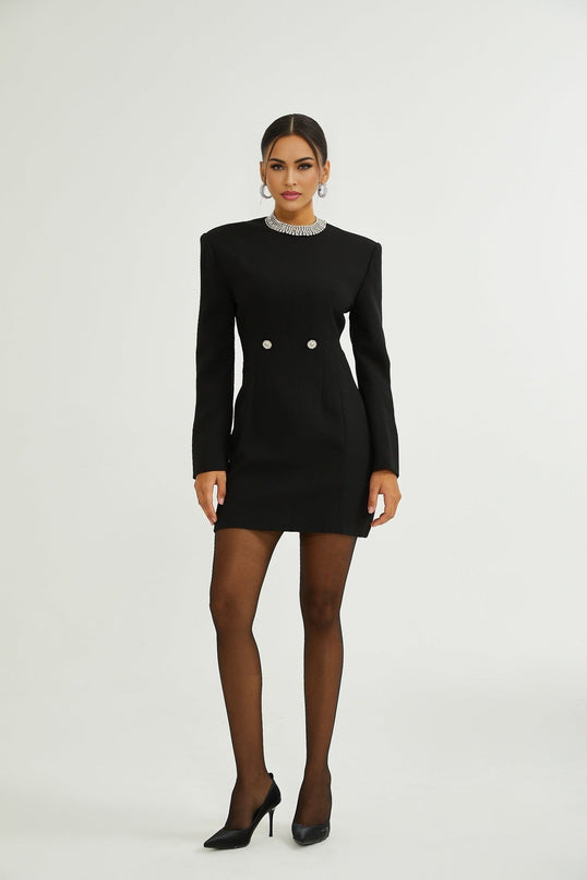 Raegan Black Wool Mini Dress with Shoulder Pad Elegance and Buckle Detailing