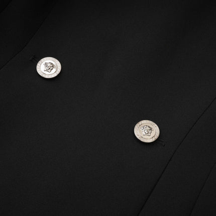 Raegan Black Wool Mini Dress with Shoulder Pad Elegance and Buckle Detailing