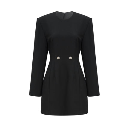 Raegan Black Wool Mini Dress with Shoulder Pad Elegance and Buckle Detailing