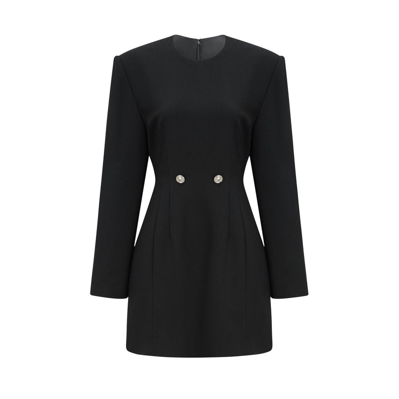 Raegan Black Wool Mini Dress with Shoulder Pad Elegance and Buckle Detailing