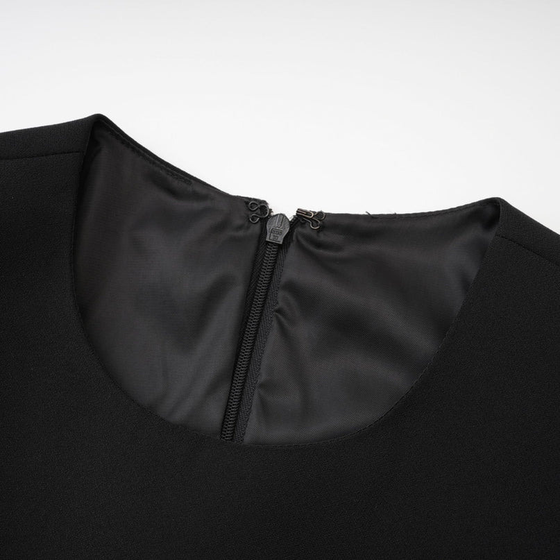 Raegan Black Wool Mini Dress with Shoulder Pad Elegance and Buckle Detailing