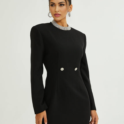 Raegan Black Wool Mini Dress with Shoulder Pad Elegance and Buckle Detailing