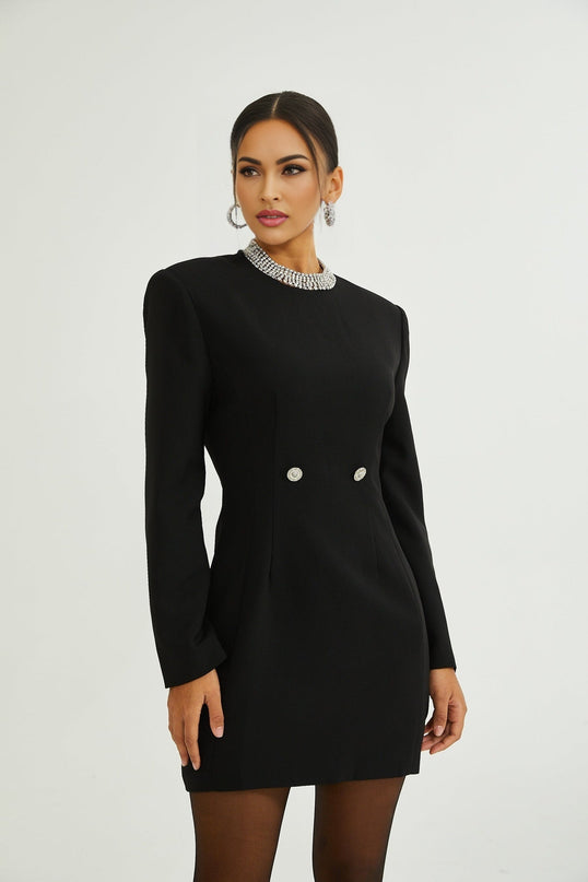 Raegan Black Wool Mini Dress with Shoulder Pad Elegance and Buckle Detailing