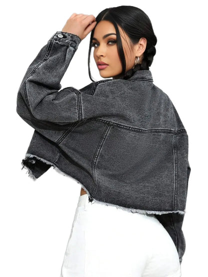 Raegan Cropped Denim Jacket with Button Detail in Grey - Grey