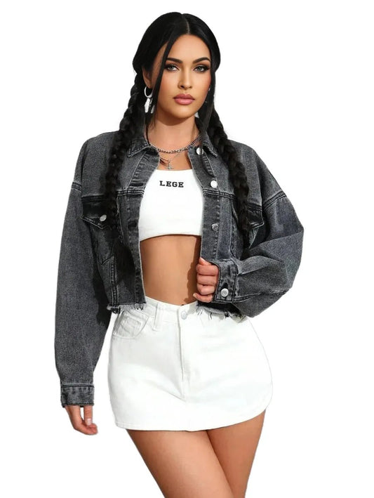 Raegan Cropped Denim Jacket with Button Detail in Grey - Grey