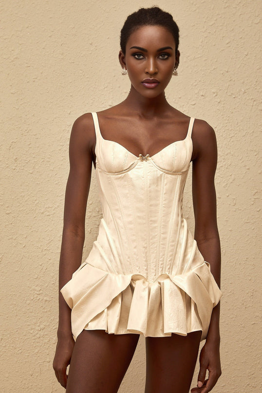 Raegan White Mini Dress Sweetheart Neckline Sleeveless Wide Straps Bustier Bodice Ruffled Skirt Bow Detail Lace-Up Fastening Terylene Fiber