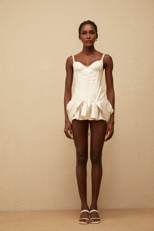 Raegan White Mini Dress with Sweetheart Neckline and Ruffled Skirt