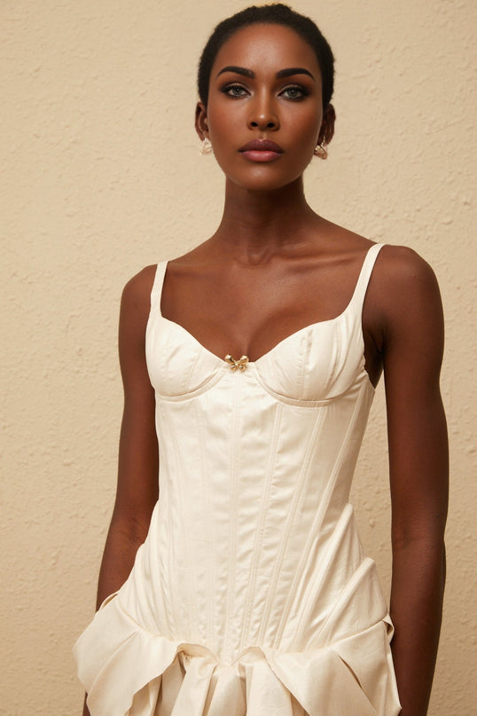 Raegan White Mini Dress with Sweetheart Neckline and Ruffled Skirt