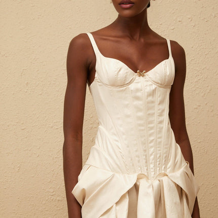 Raegan White Mini Dress Sweetheart Neckline Sleeveless Wide Straps Bustier Bodice Ruffled Skirt Bow-Motif Pin Detail Lace-Up Fastening Terylene Fiber