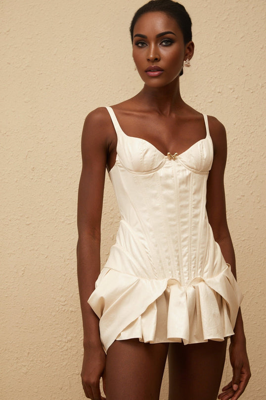 Raegan White Mini Dress Sweetheart Neckline Sleeveless Wide Straps Bustier Bodice Ruffled Skirt Bow-Motif Pin Detail Lace-Up Fastening Terylene Fiber