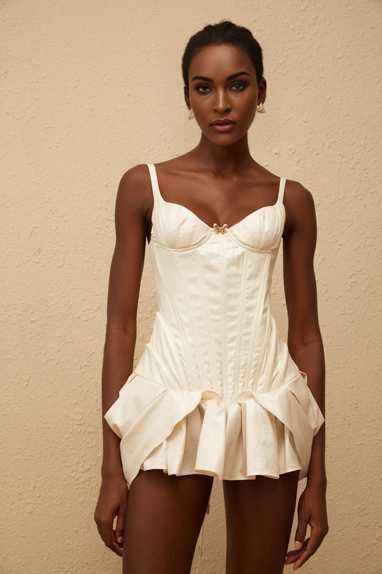 Raegan White Mini Dress with Sweetheart Neckline and Ruffled Skirt