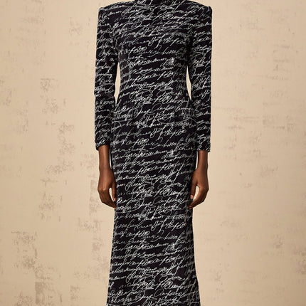 Raffaela Black Velvet Maxi Dress with Letter Print Mock Neck Long Sleeves and Rear Zip Fastening