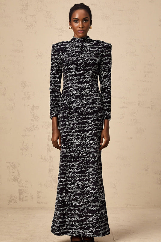 Raffaela Black Velvet Maxi Dress with Letter Print Mock Neck Long Sleeves and Rear Zip Fastening