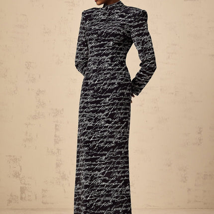 Raffaela Black Velvet Maxi Dress with Letter Print Mock Neck Long Sleeves Rear Zip Fastening 100 Polyamide Formal Luxury Refinement