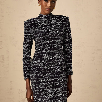 Raffaela Black Velvet Maxi Dress with Letter Print Mock Neck Long Sleeve Formal Evening Gown