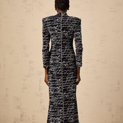 Raffaela Black Velvet Maxi Dress Mock Neck Letter Print Long Sleeve Formal Occasion Luxury