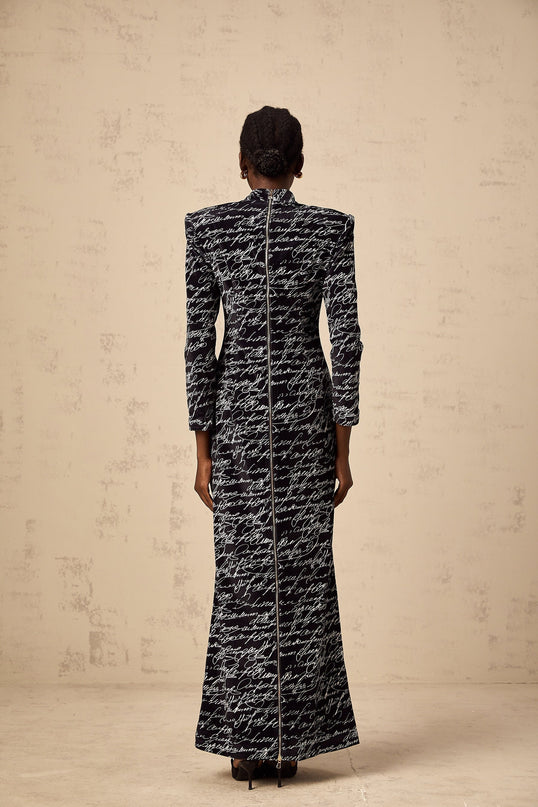 Raffaela Black Velvet Maxi Dress Mock Neck Letter Print Long Sleeve Formal Occasion Luxury