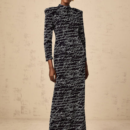 Raffaela Black Velvet Maxi Dress with Mock Neck and Letter Print