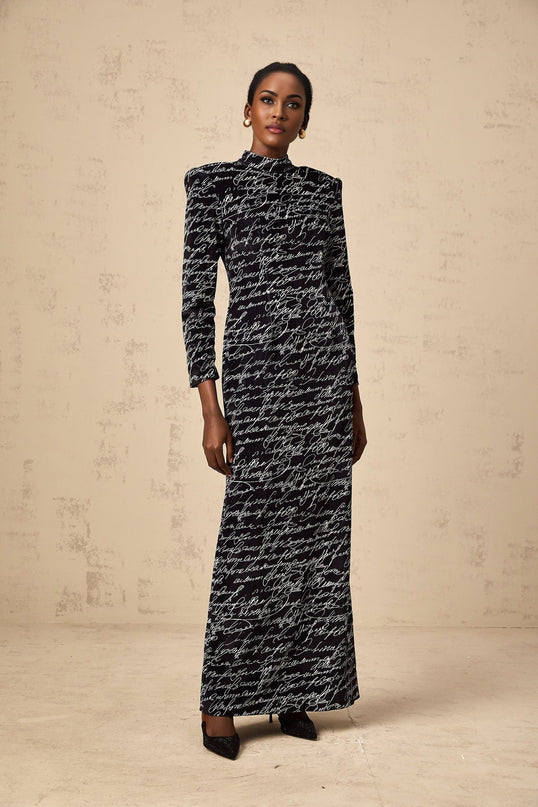 Raffaela Black Velvet Maxi Dress with Mock Neck and Letter Print