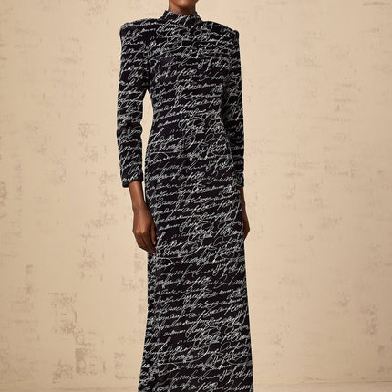 Raffaela Black Velvet Maxi Dress Mock Neck Long Sleeve Letter Print Formal 100% Polyamide