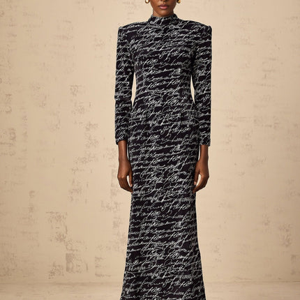 Raffaela Black Velvet Maxi Dress with All-Over Letter Print Long Sleeves and Mock Neck