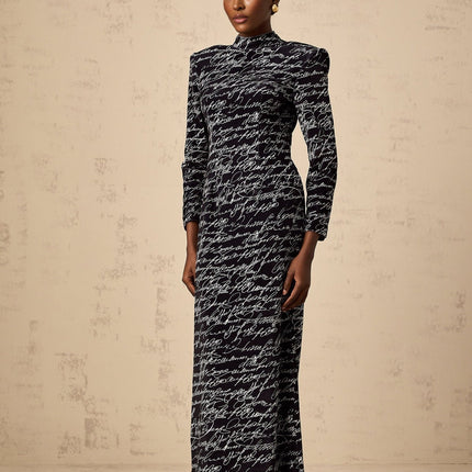 Raffaela Black Velvet Maxi Dress with Letter Print Mock Neck Long Sleeve Zip Fastening 100% Polyamide