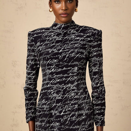 Raffaela Black Velvet Maxi Dress with Mock Neck and Letter Print