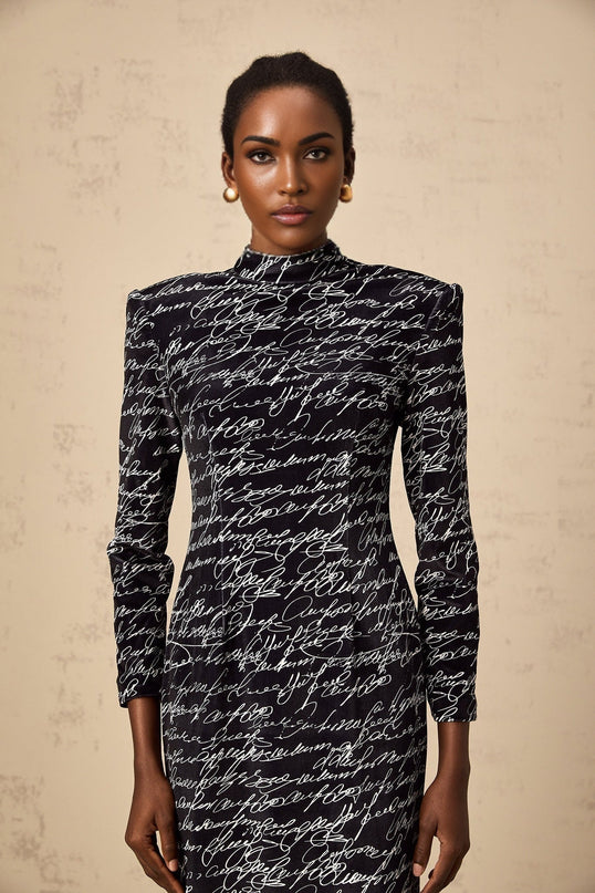 Raffaela Black Velvet Maxi Dress with Mock Neck and Letter Print