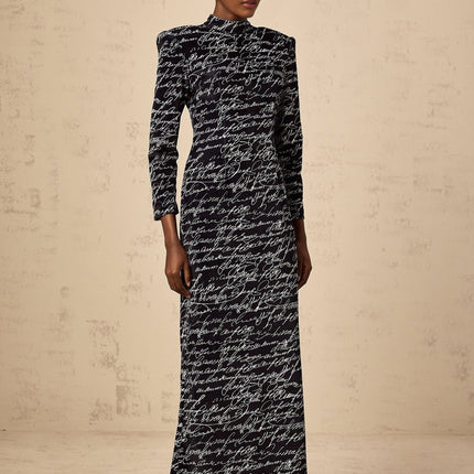 Raffaela Black Velvet Maxi Dress with Mock Neck and Letter Print