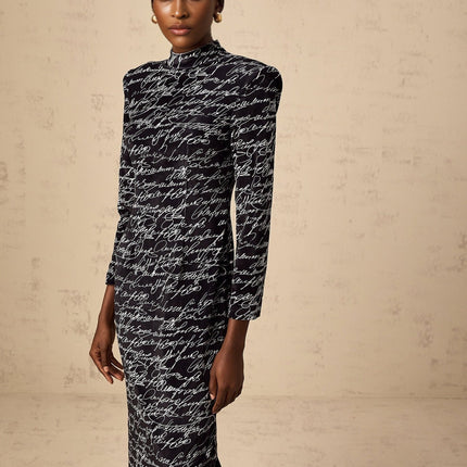 Raffaela Black Velvet Maxi Dress with All-Over Letter Print