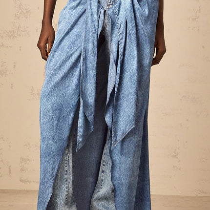 Raffaela Blue Denim Jeans draped panel wide-leg belt loops five pockets front fly button fastening