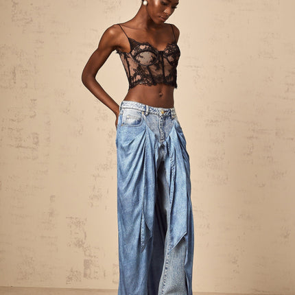 Raffaela Blue Denim Jeans Wide Leg Draped Panel Belt Loops Five Pockets