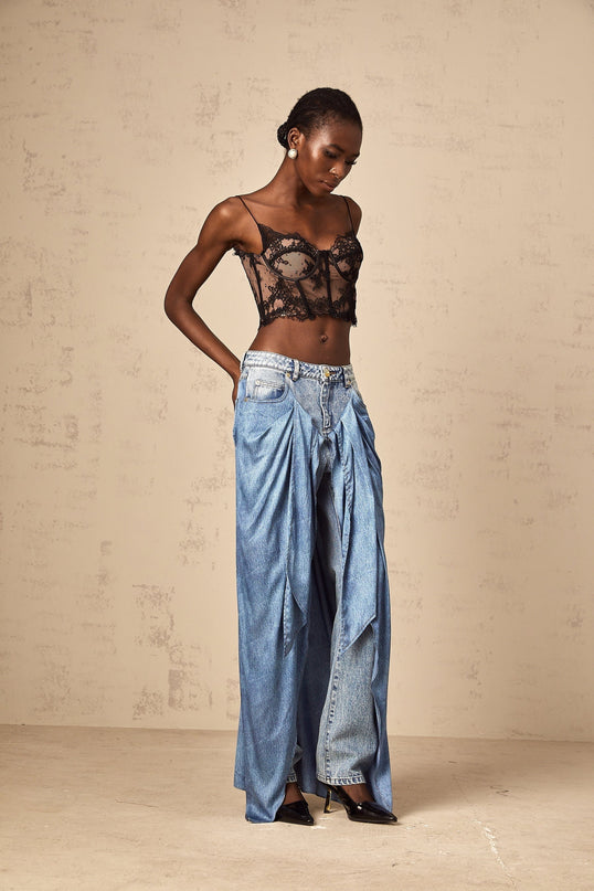 Raffaela Blue Denim Jeans Wide Leg Draped Panel Belt Loops Five Pockets